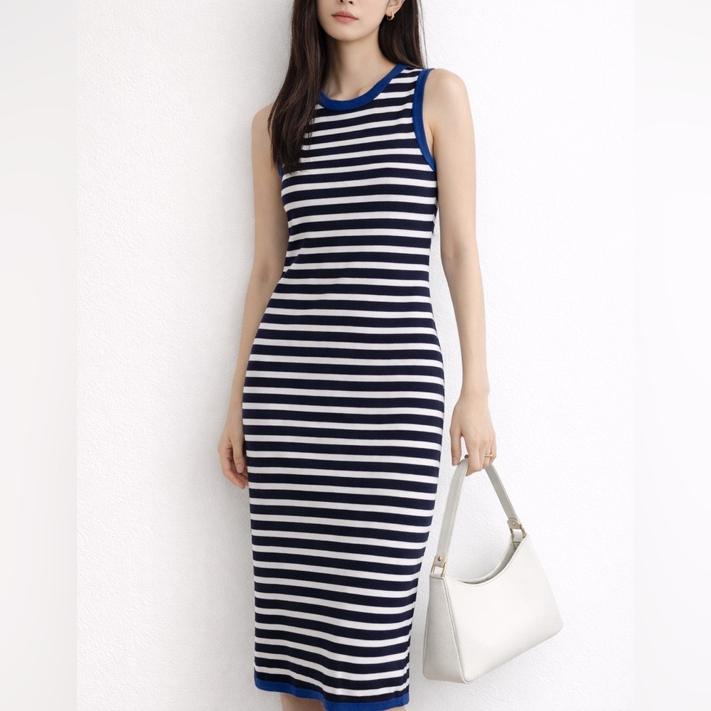 Michael Kors Navy and White Striped Midi Dress Size: XS